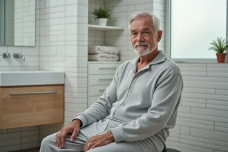 Homme senior portant une grenouillère adaptative pour adulte en coton gris dans une salle de bain moderne, assis sereinement sur un tabouret rembourré