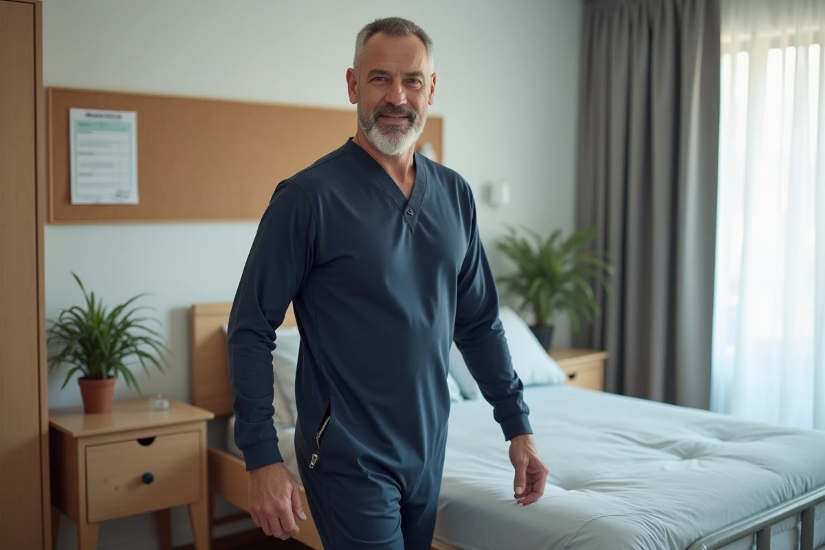 Homme d'âge mûr en grenouillère adaptée bleu marine debout près d'un lit médicalisé dans une chambre de soins à domicile