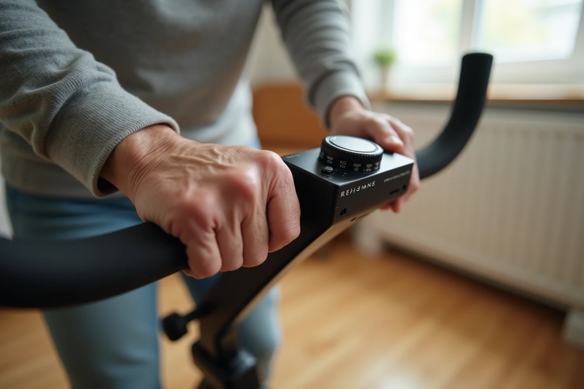 Gros plan des mains d'un senior réglant le niveau de résistance d'un vélo appartement