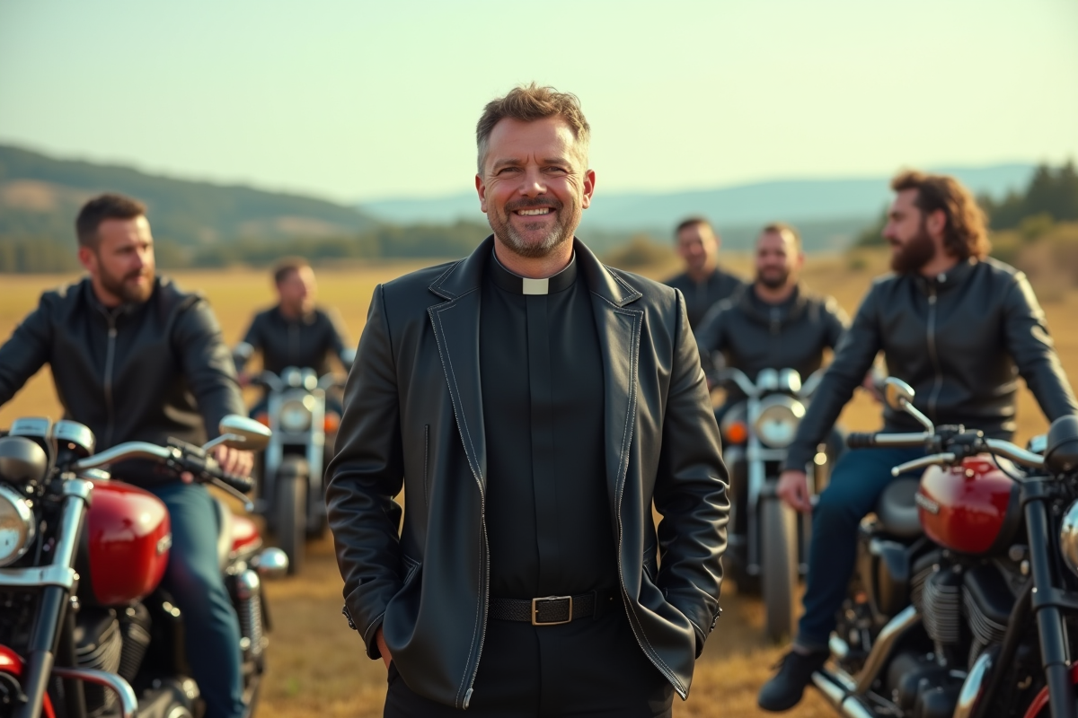 Groupe de motards avec pretre en gear dans un champ rural