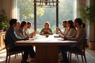Groupe de personnes discutant autour d'une table à la maison