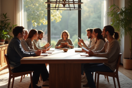 Groupe de personnes discutant autour d'une table à la maison