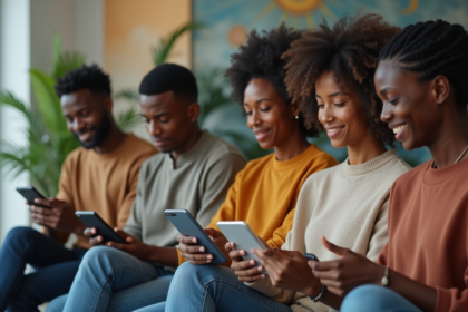 Groupe divers en réflexion avec tablettes et symboles spirituels