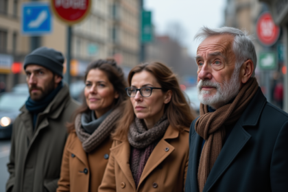 Groupe de quatre personnes de générations différentes à un arrêt de bus en ville