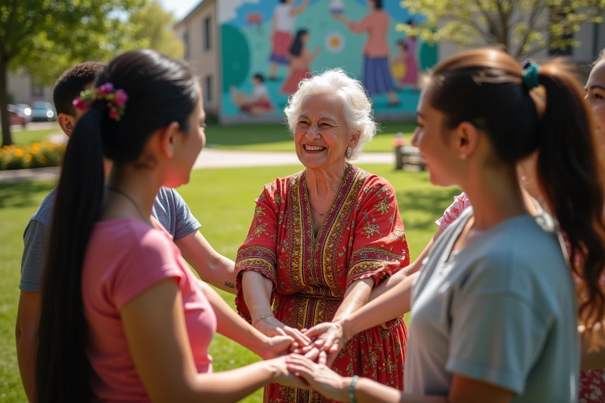 Groupe intergeneration dans un parc urbain en activité culturelle