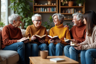 Groupe d'adultes lisant et discutant dans un salon chaleureux