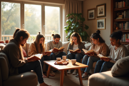 Groupe de personnes lisant dans un salon chaleureux