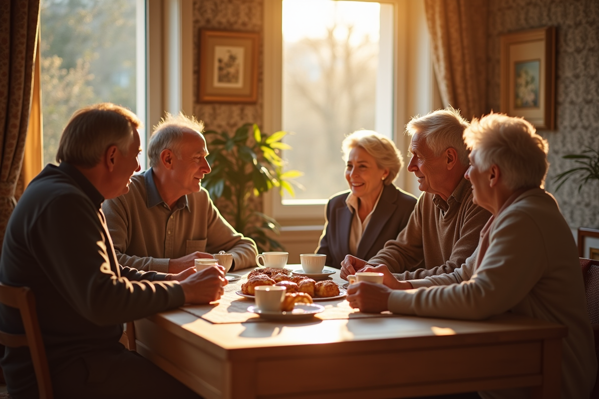 Groupe de seniors discutant dans une cuisine chaleureuse en France