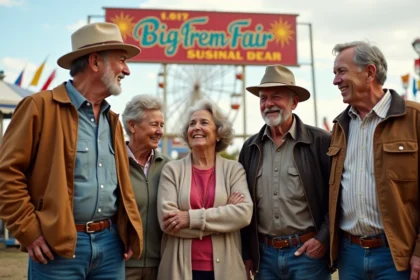 Groupe de seniors devant une banderole colorée du Big Fresno Fair