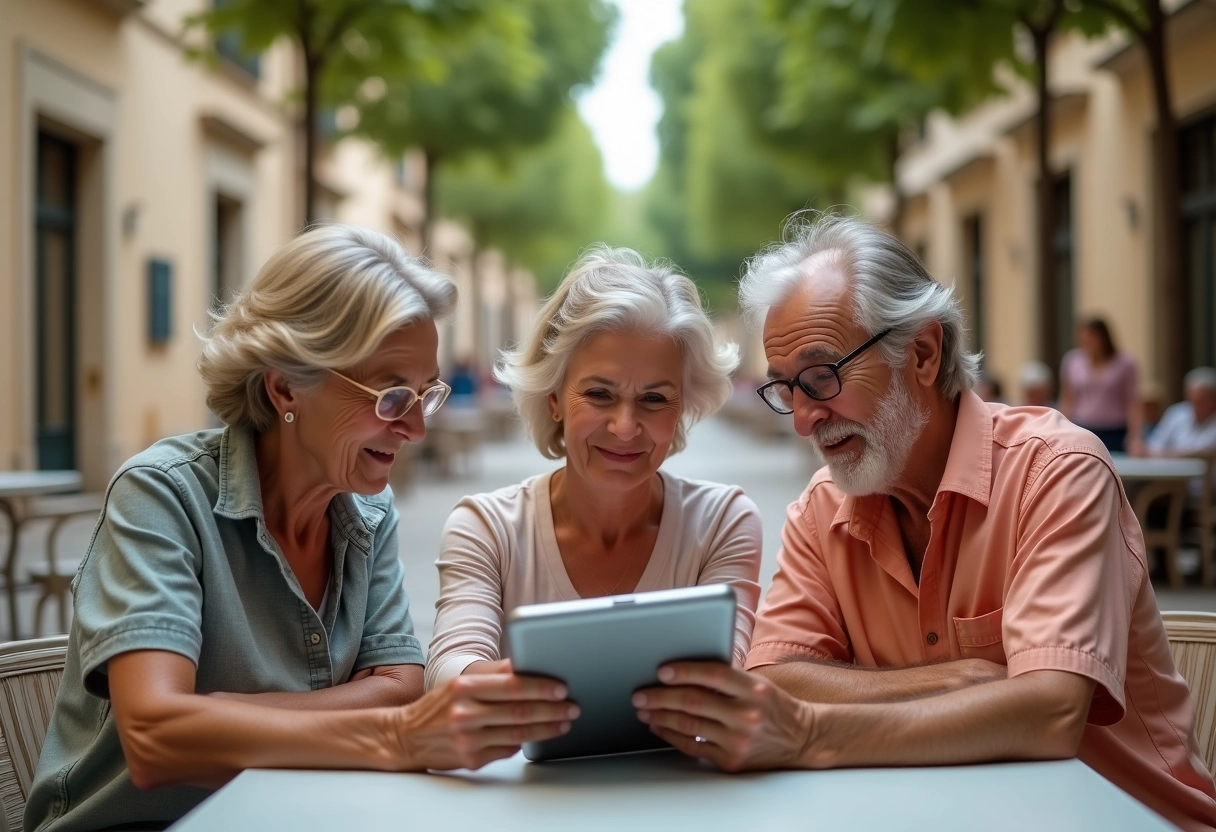 Trois seniors discutant autour d une table de café en extérieur