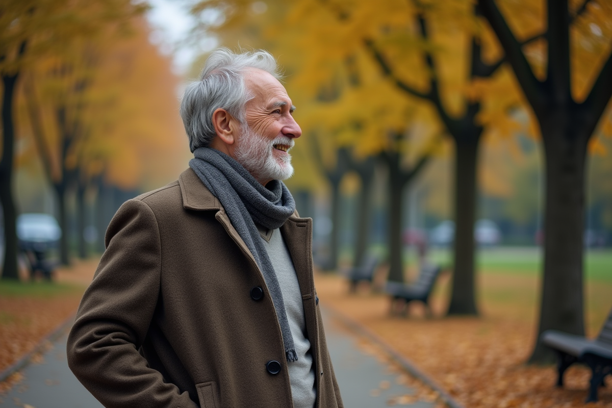 Homme de 70 ans marchant dans un parc urbain en automne