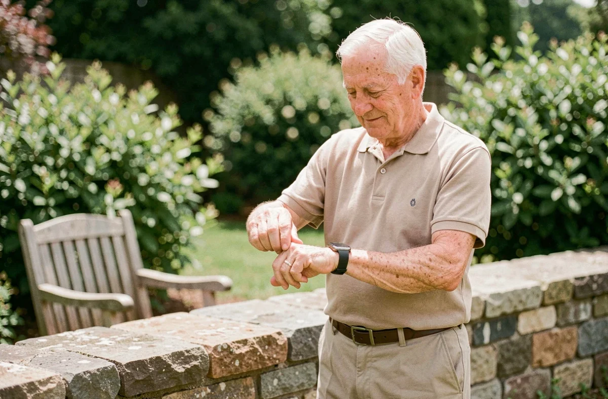 Homme âgé dans son jardin consultant sa montre connectée de sécurité pour senior