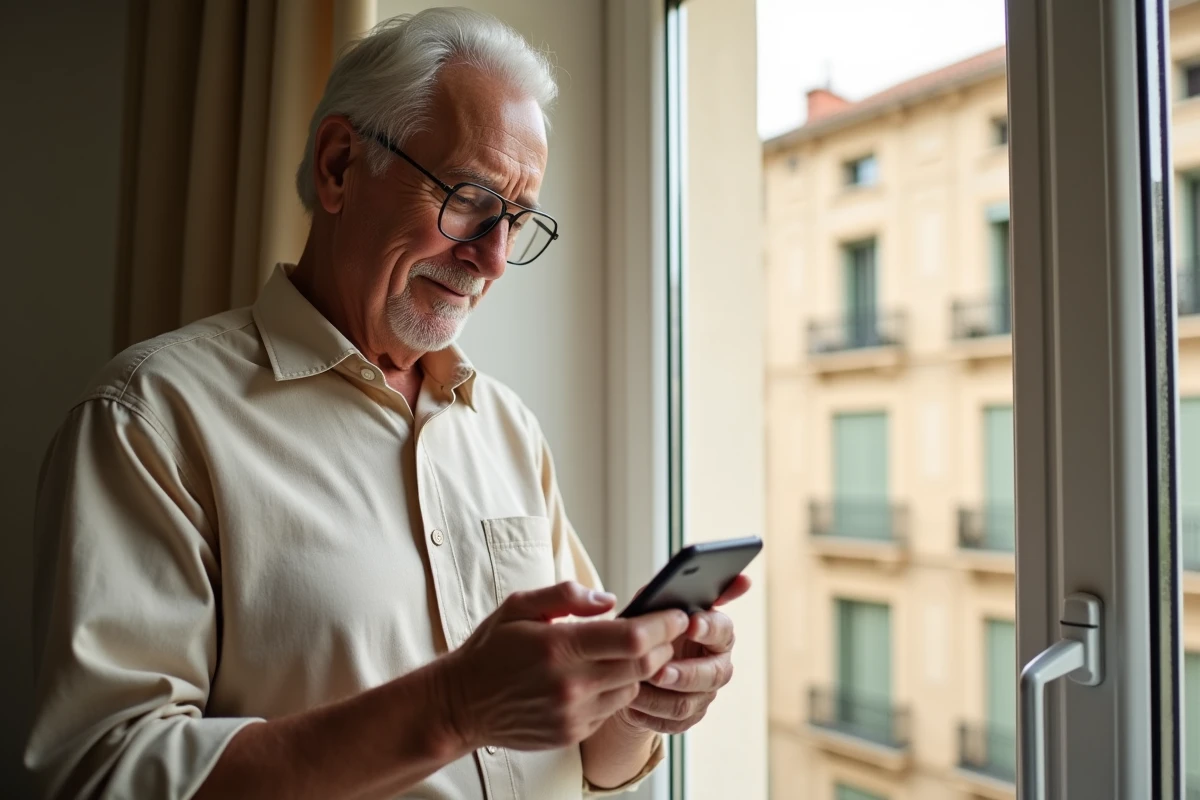 Un homme âgé cherche le numéro de téléphone de l'association Le Fil des Ans sur son smartphone à Marseille