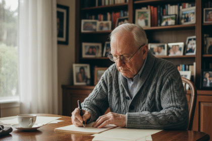 Homme agee ecrivant a la maison dans un salon chaleureux