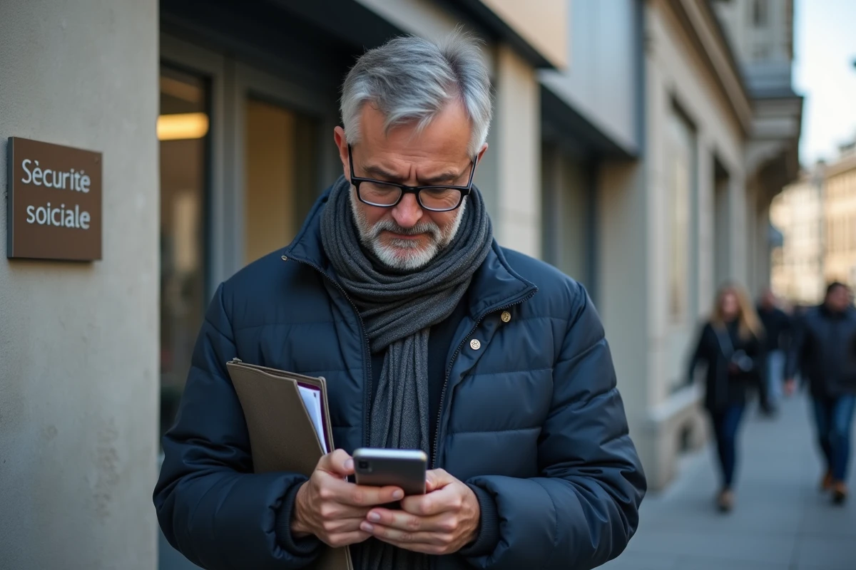 Homme vérifiant ses documents devant un bâtiment officiel
