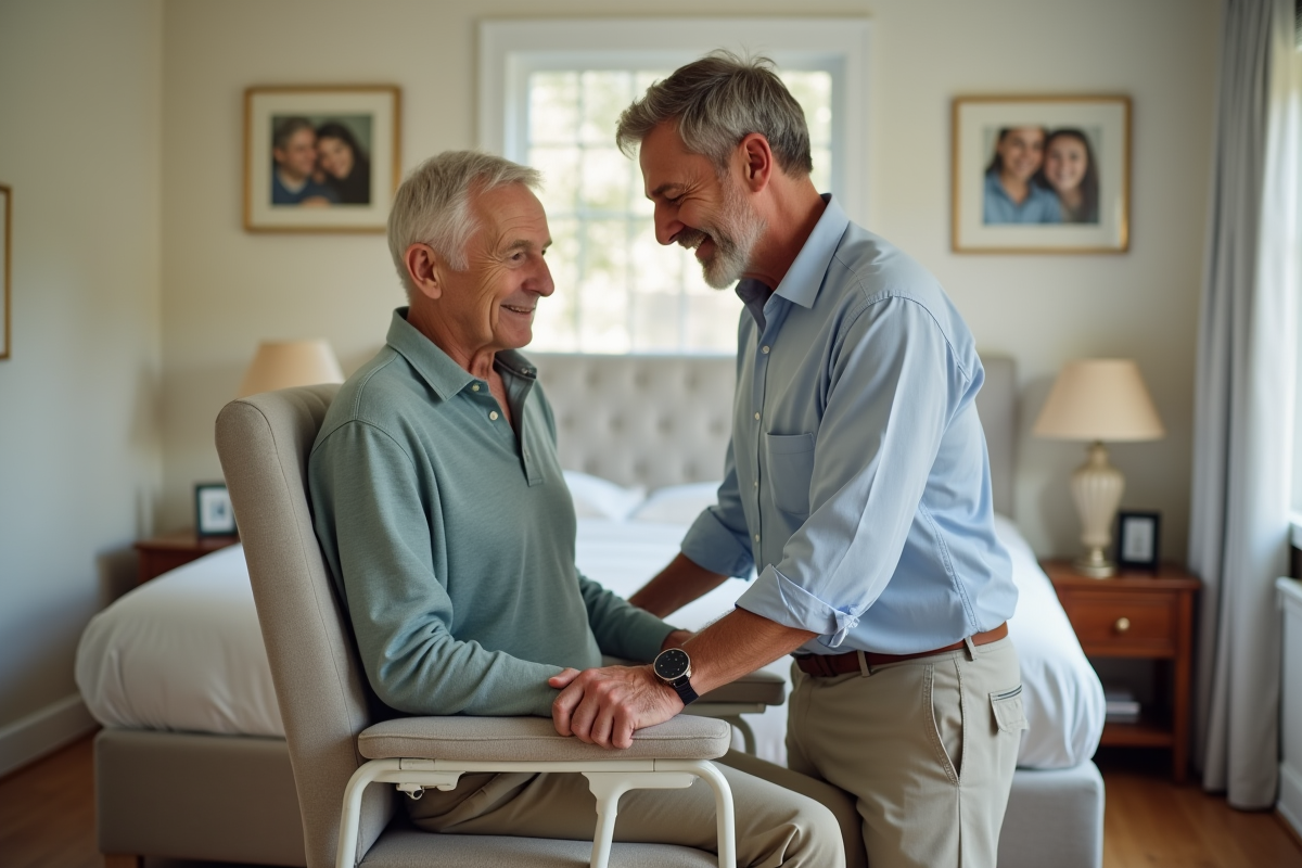 Homme d agee se levant du fauteuil avec la telecommande