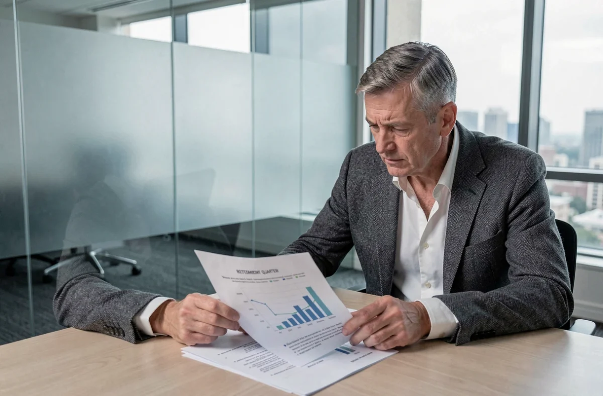 Homme de 62 ans en réunion avec un conseiller financier pour optimiser ses trimestres de cotisation avant la retraite