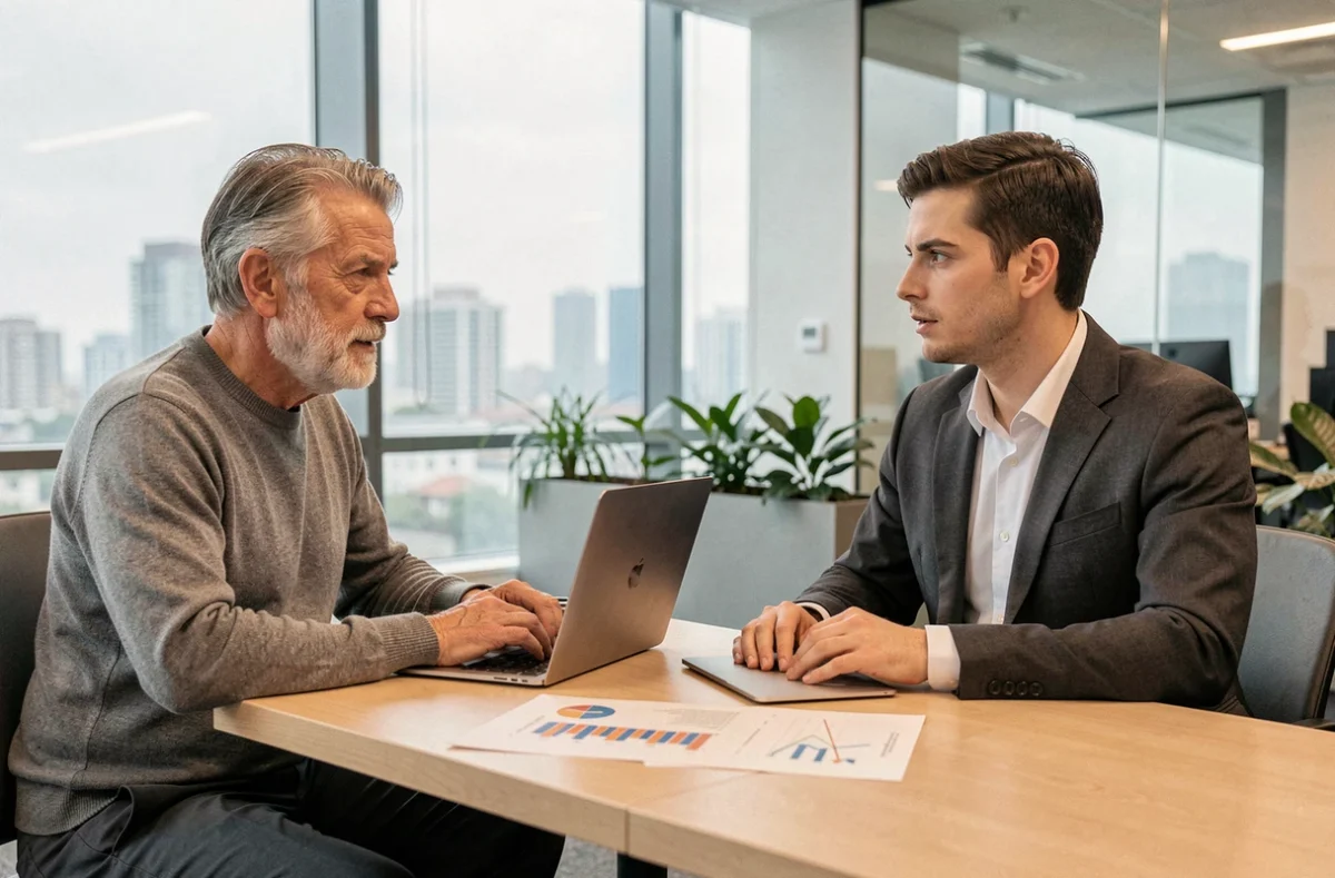 Homme de 65 ans discutant de sa retraite avec un conseiller financier dans un bureau moderne, abordant les trimestres manquants pour une carrière incomplète