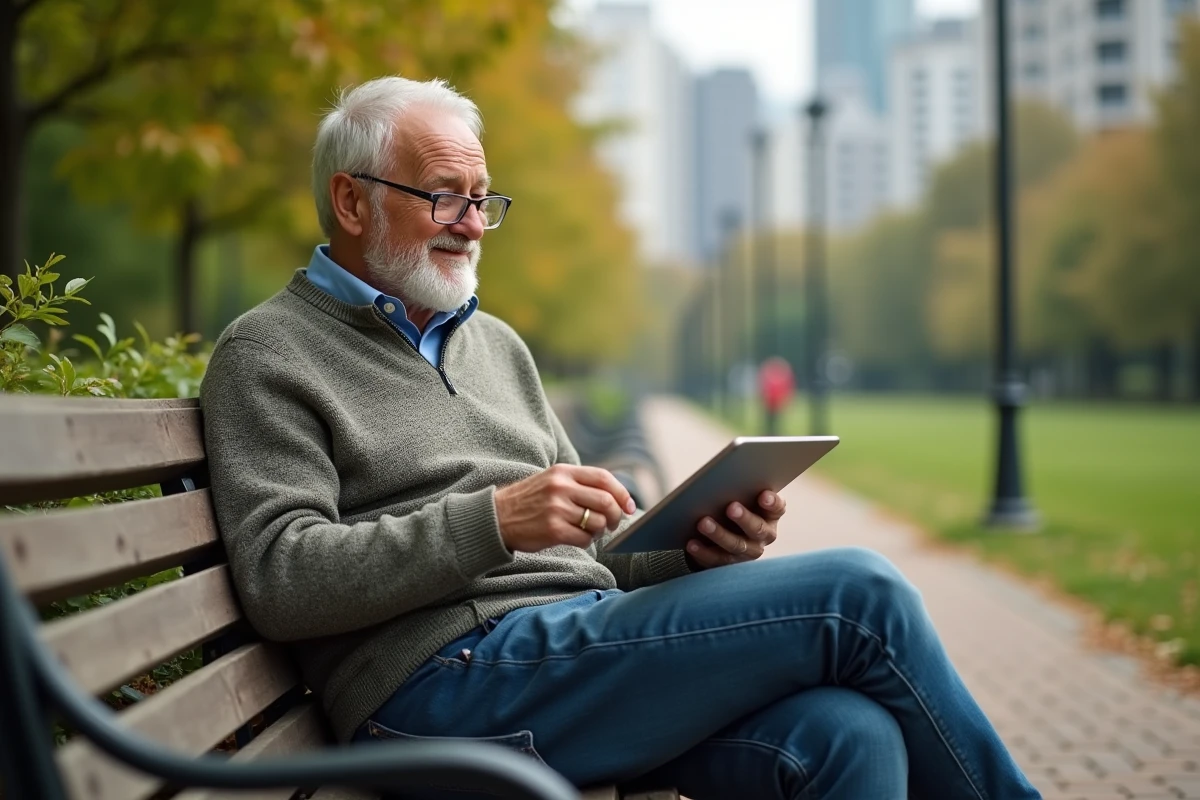 Homme détendu utilisant une tablette dans un parc