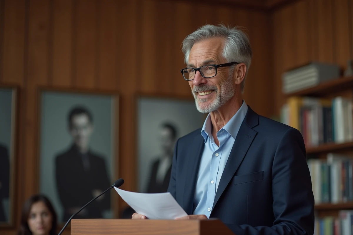 Homme d'âge moyen en costume lors d'un discours professionnel