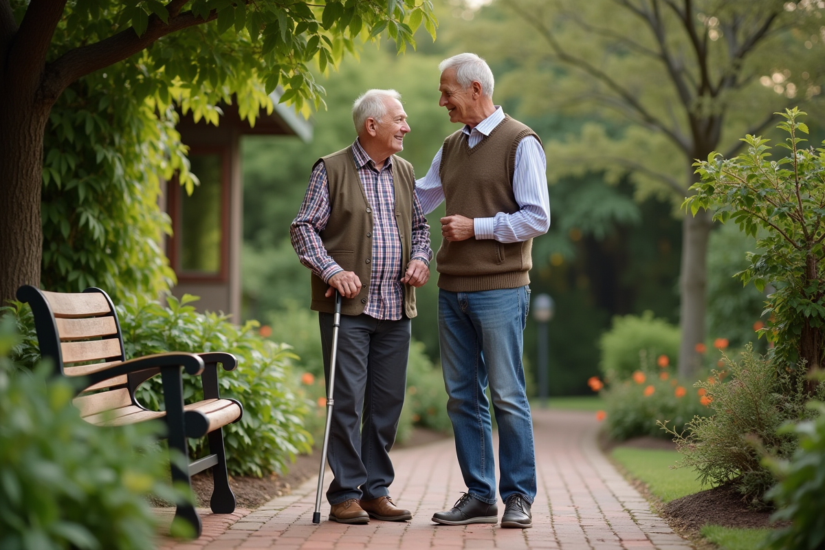 Homme senior dans le jardin avec aidant en discussion