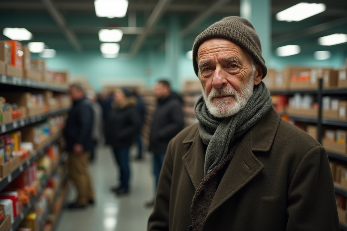 Homme âgé dans une banque alimentaire