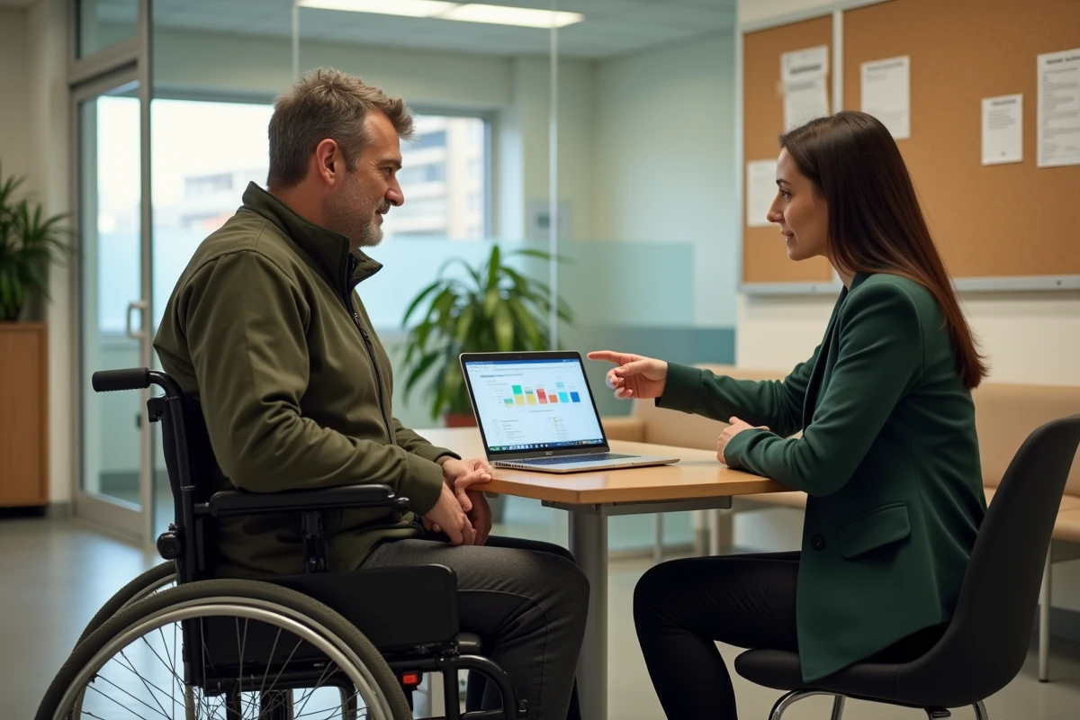 Homme en fauteuil roulant en rendez-vous avec un conseiller social pour discuter de l'augmentation de l'AAH en 2026