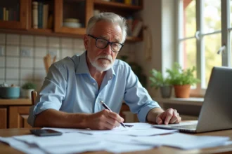 Homme français d'âge moyen examinant des documents de pension à la maison