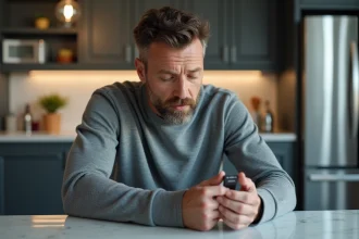 Homme d'âge moyen examinant un GPS dans une cuisine moderne