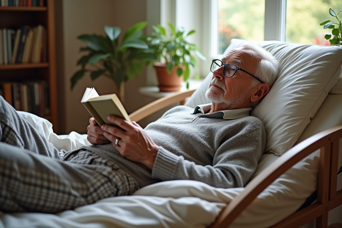 Homme agee lisant dans son lit douillet