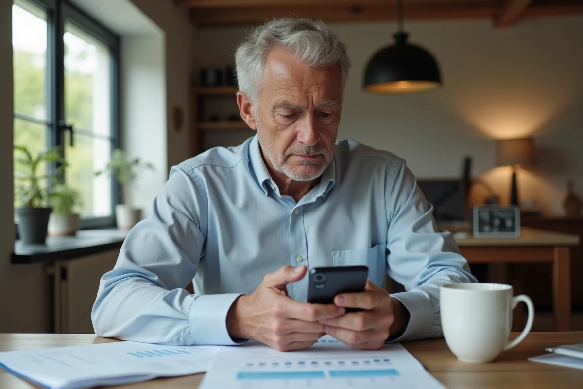 Homme âgé examinant des documents financiers à la maison