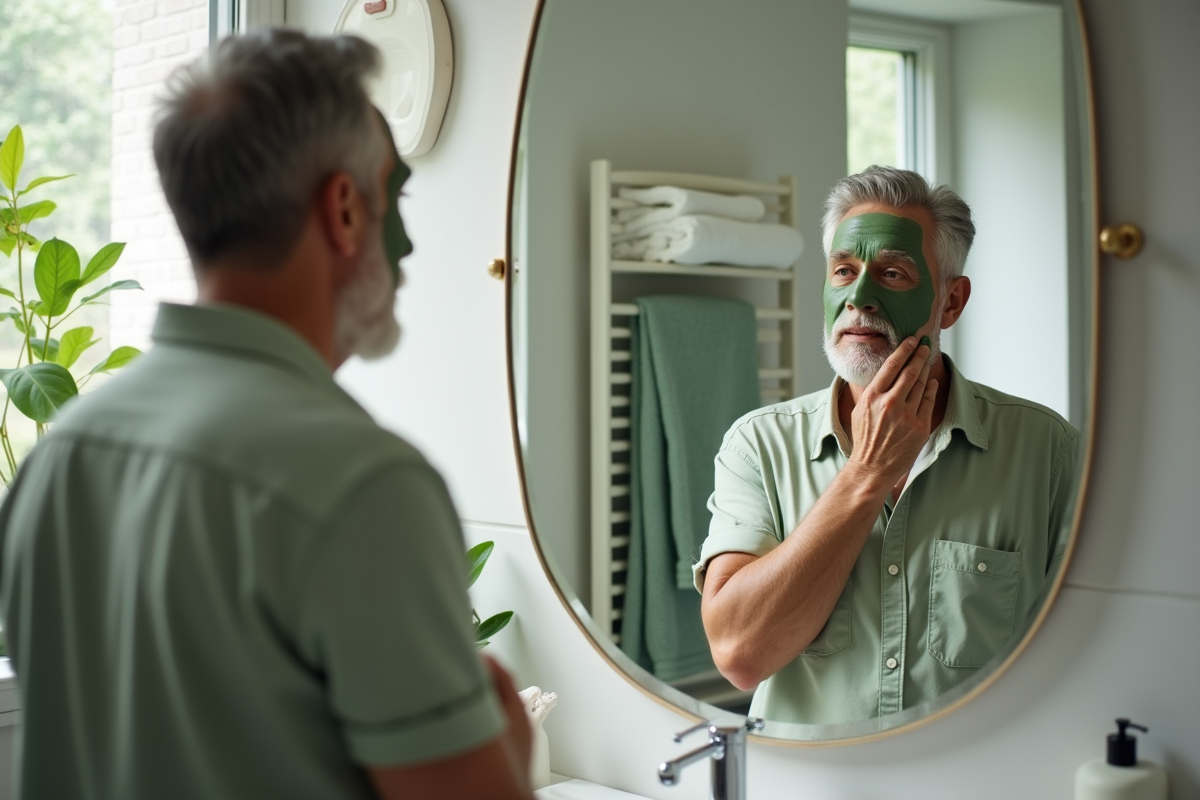 Homme appliquant un masque à l