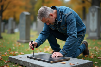 Homme en automne posant une plaque funéraire en granit