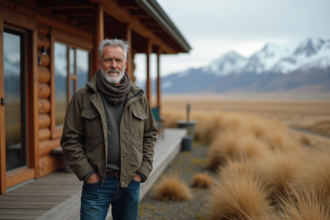 Homme d age en Patagonie devant une cabane en bois