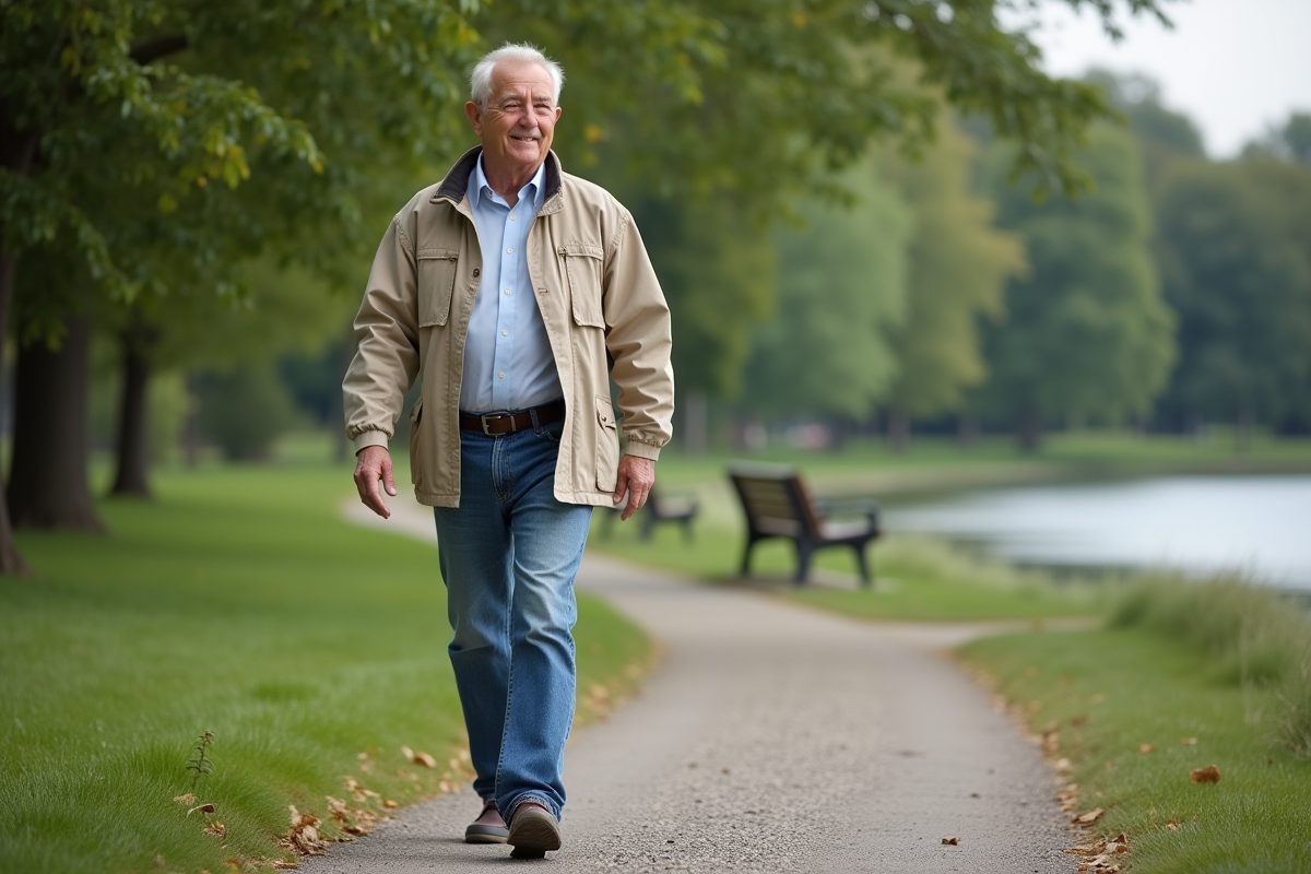 Homme retraité marchant au bord du lac en nature
