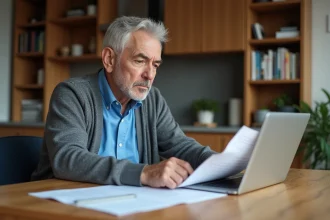 Homme de 62 ans examinant des papiers de retraite à la maison