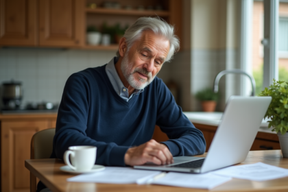 Homme d'âge moyen examine des documents dans sa cuisine