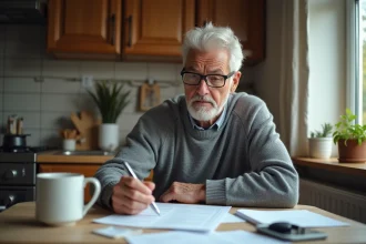 Homme âgé examine un bulletin de pension dans sa cuisine chaleureuse