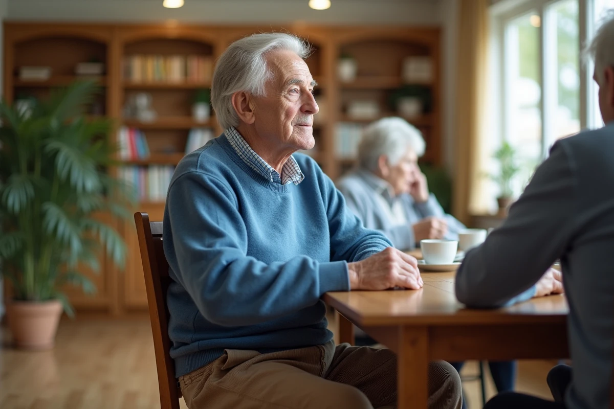 Homme agee assis seul a une table commune dans une maison de retraite