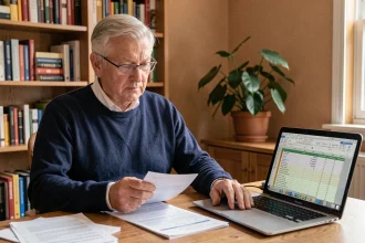 Un homme senior de 62 ans consulte ses documents de retraite Agirc-Arrco sur un bureau à domicile