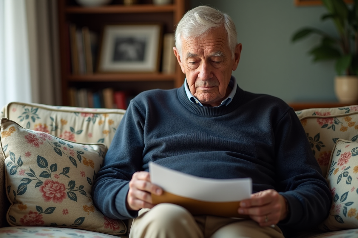 Homme senior assis avec enveloppe et papiers dans un salon