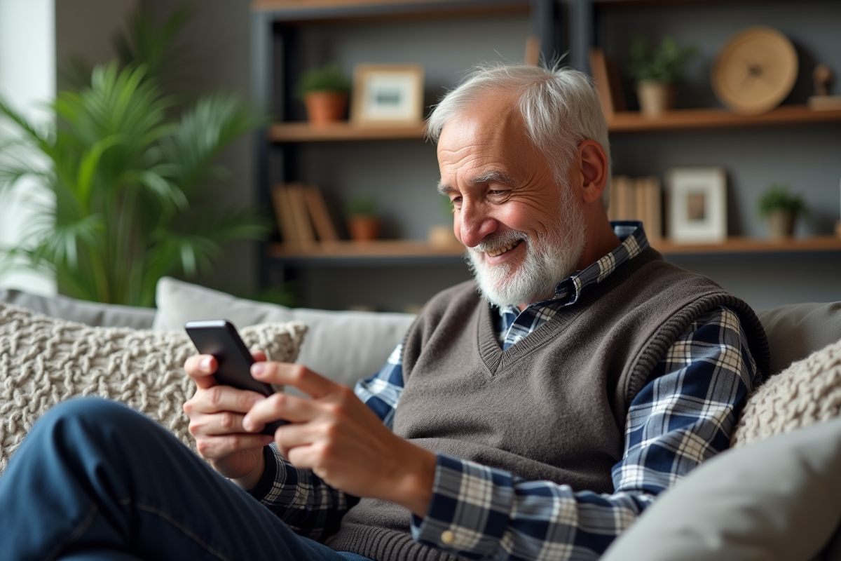 Homme âgé souriant utilisant un smartphone dans le salon