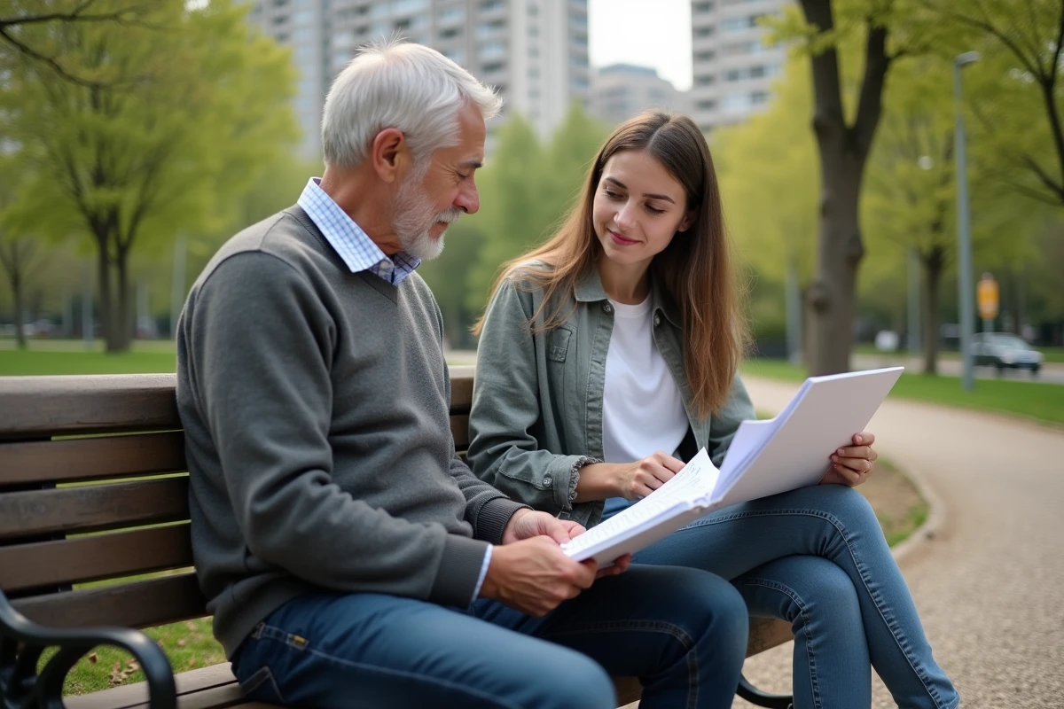 Homme senior et jeune femme discutent sur un banc dans un parc