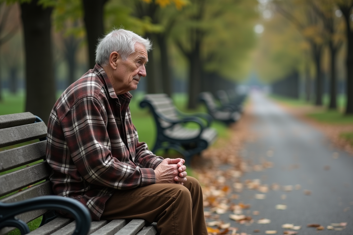 Homme âgé assis seul sur un banc dans un parc