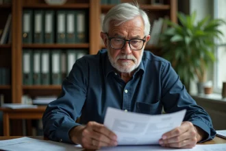 Homme senior en train de consulter ses documents de retraite à son bureau à domicile, illustrant la planification du plafond de retraite 2026