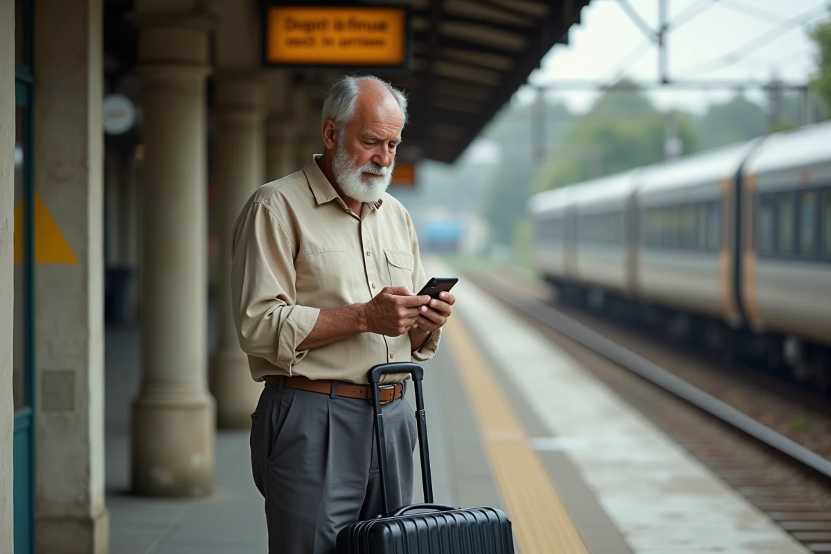 Homme senior sur un quai de gare régionale française avec valise, vérifiant ses billets sur son téléphone