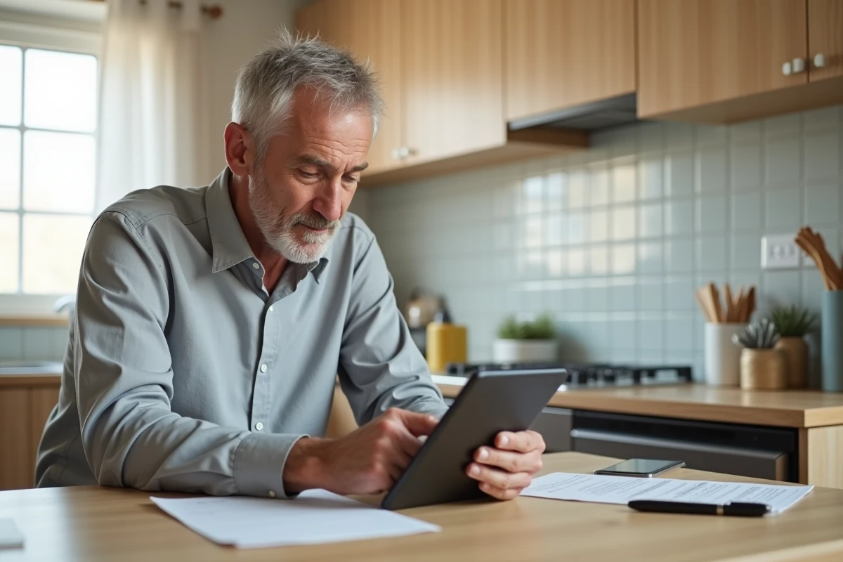 Un homme senior gère sa retraite en ligne sur une tablette depuis sa cuisine, sans se déplacer à la Carsat Normandie