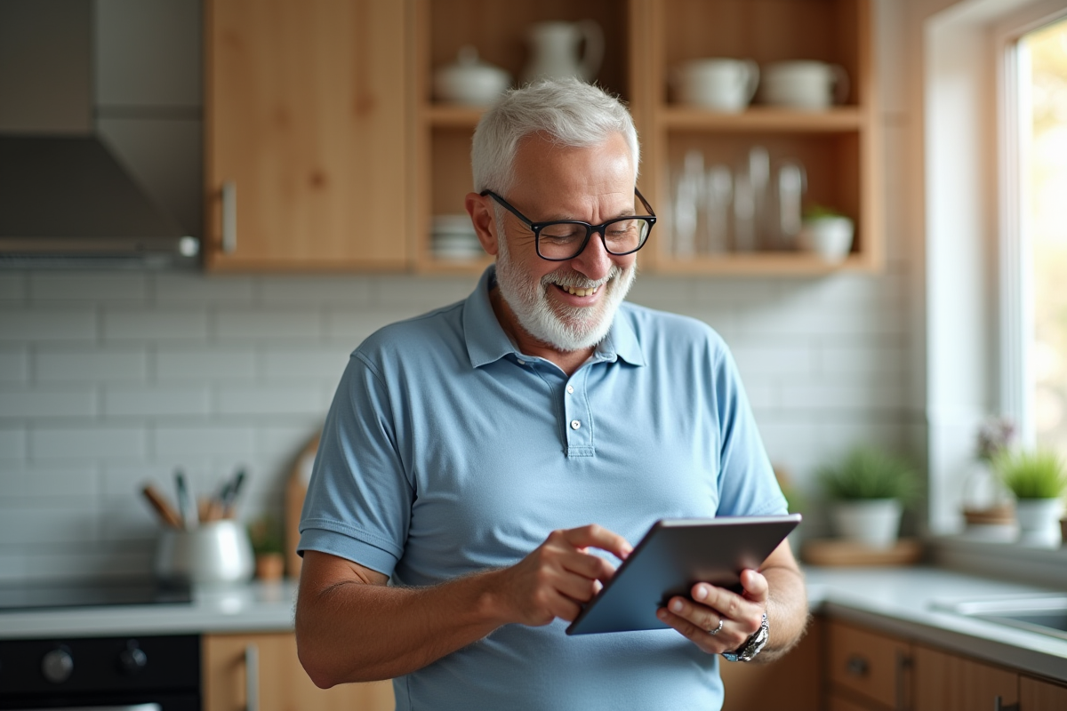 Homme senior utilisant la technologie dans la cuisine