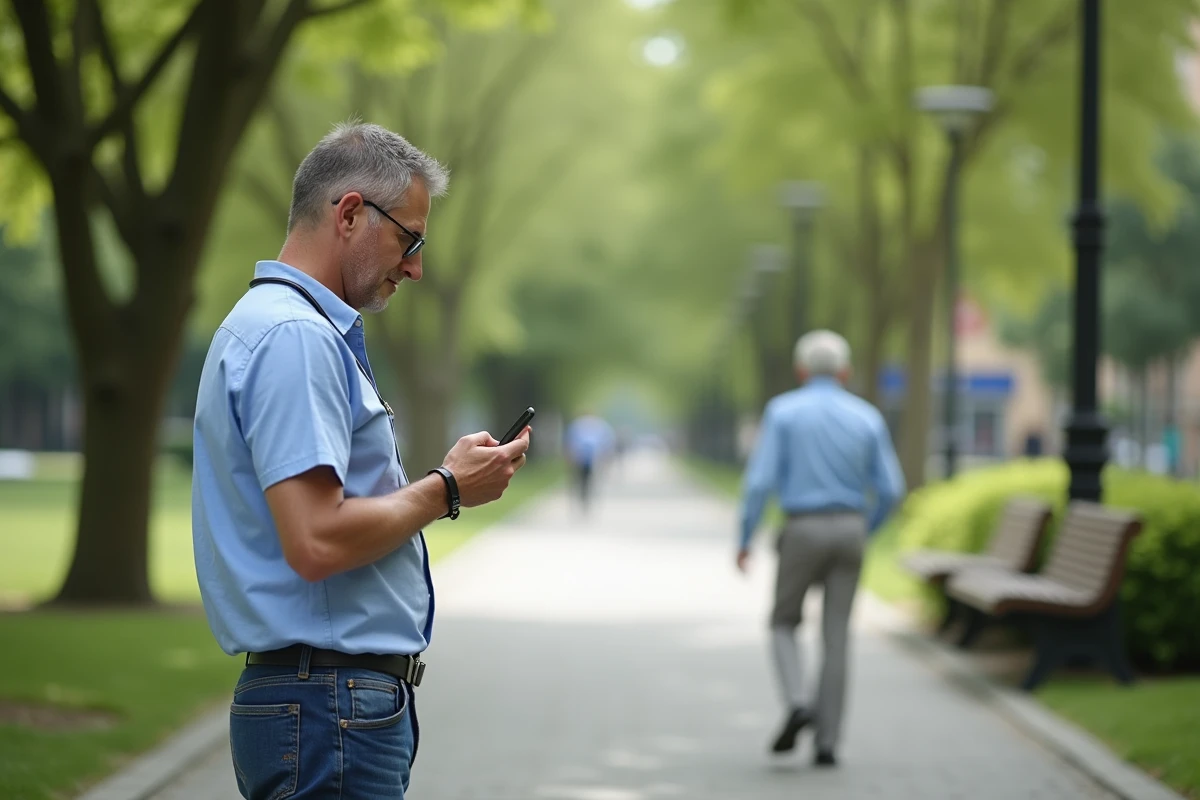 Homme soignant vérifiant GPS dans un parc urbain