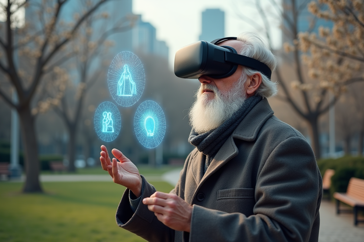 Homme âgé avec casque VR et icônes religieuses holographiques